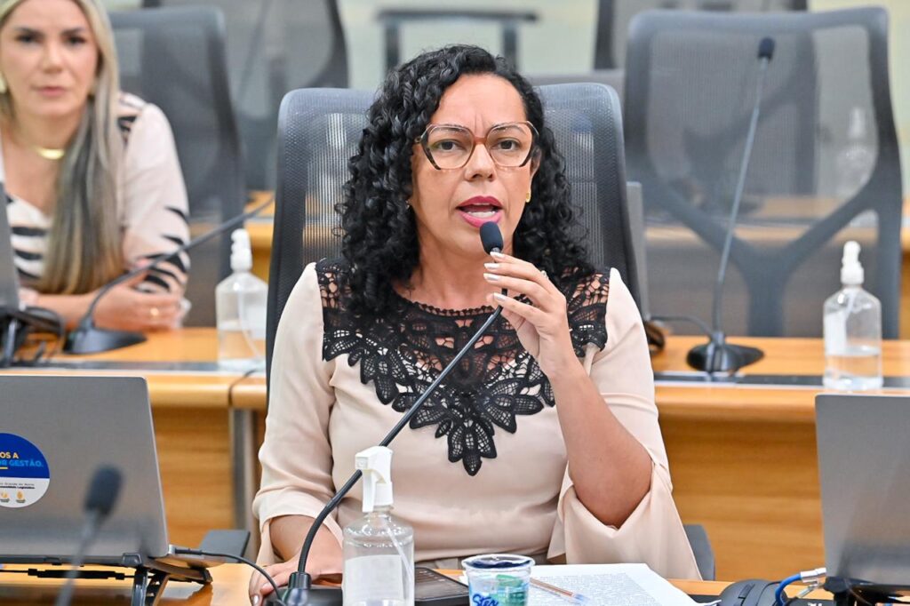 Deputada Divaneide Basílio discursa em sessão na Assembleia Legislativa do RN Deputada Divaneide Basílio falando ao microfone durante sessão na Assembleia Legislativa, com papéis sobre a mesa e outras pessoas ao fundo